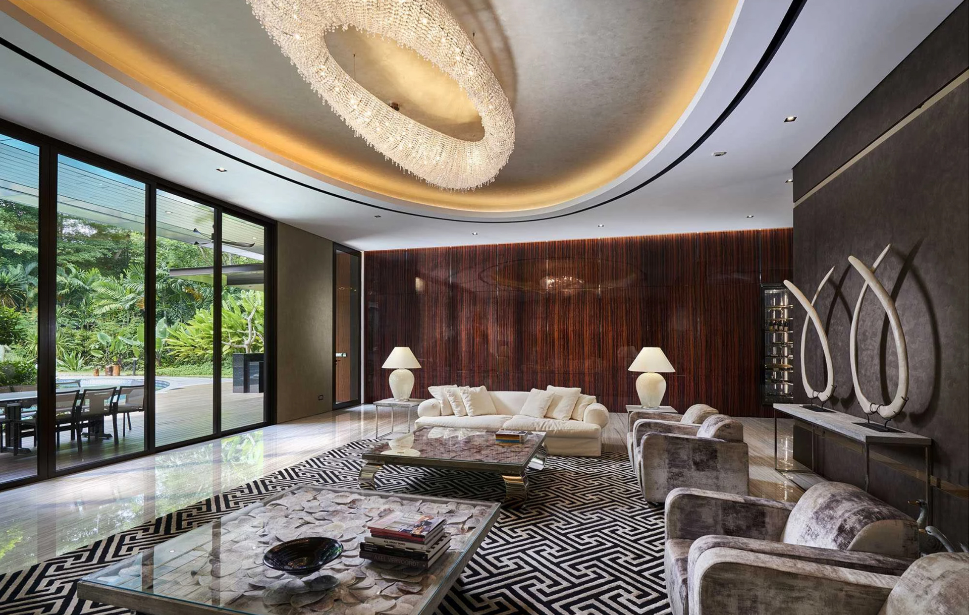 artica-designworx-luxury-apartment-manooi Bespoke-size Artica luxury chandelier in a living room.