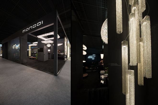 The voile cluster hangs at the Manooi's stand at Lighting+Building exhibition.