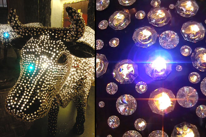 swarovski-manooi-ernst-gallery-jános-héder-crystal-luxury-four-seasons The life-sized cow is decorated with Swarovski crystals and designed by János Héder.
